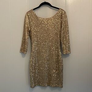 Gold sequin 3/4 sleeve mini dress, M